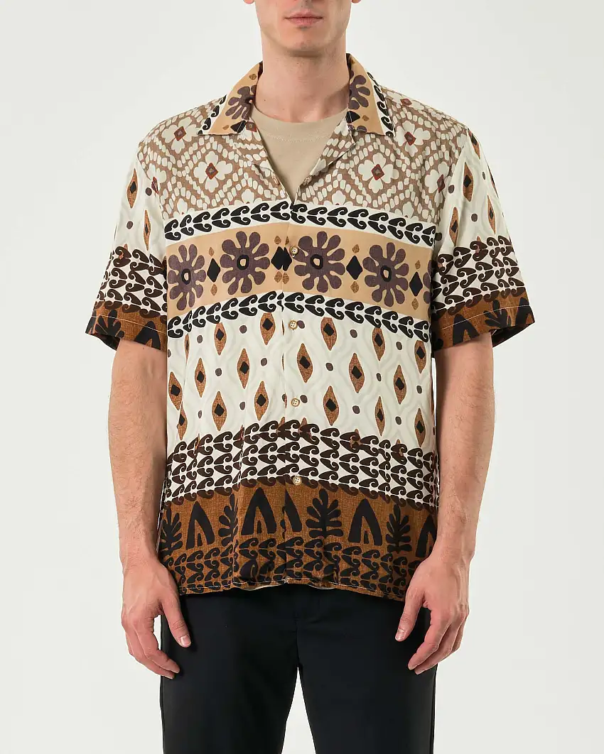 Camicia mezza manica Paul Baker in fantasia etnica panna beige e marrone