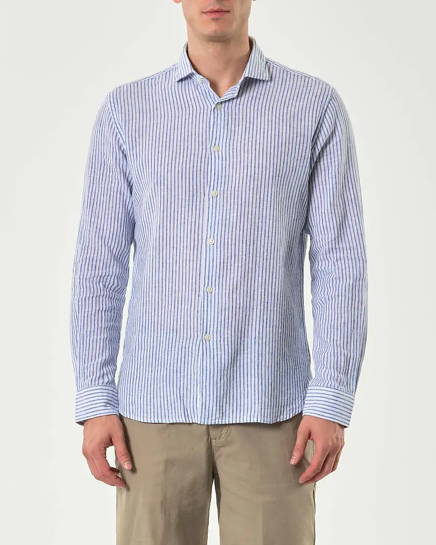 Camicia Paul Baker in fantasia bastoncino bianco e azzurro di misto lino e cotone