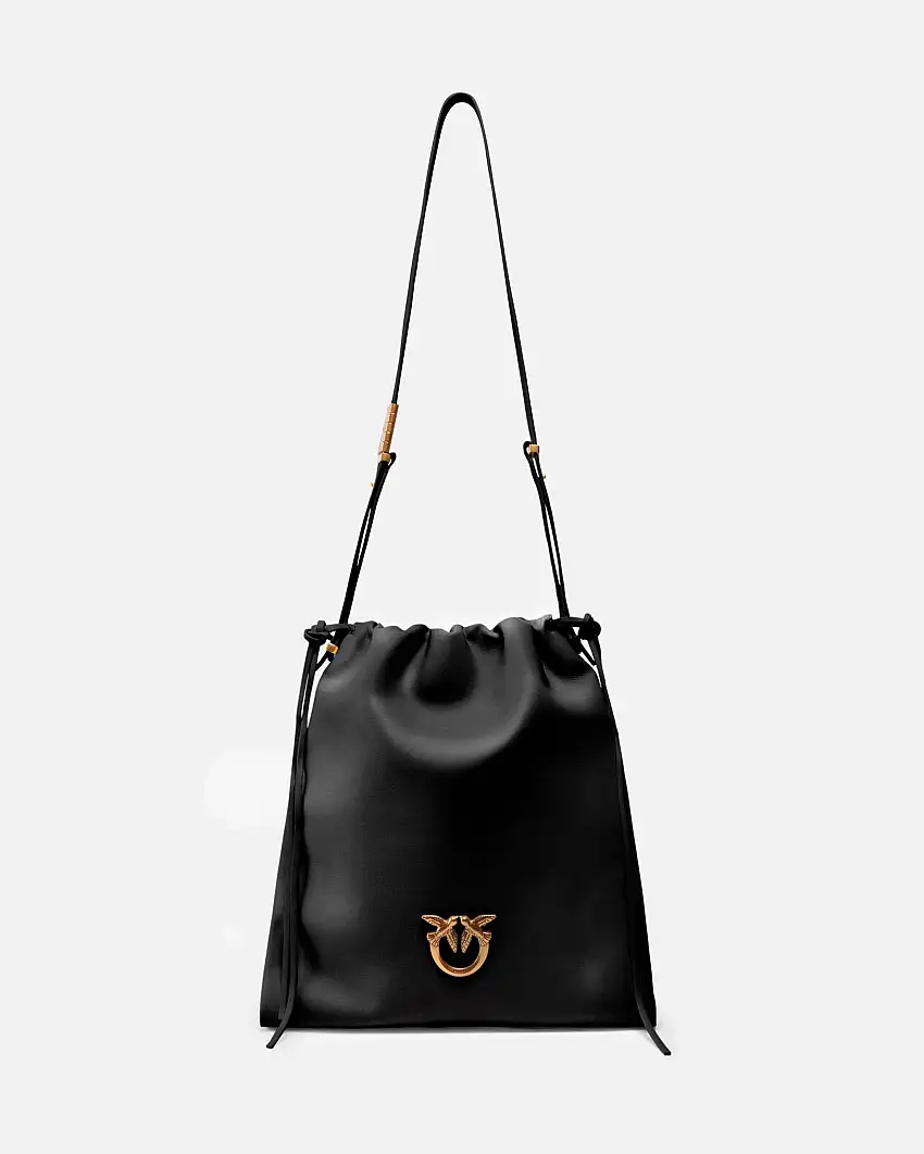 Slouchy Classic Bag Pinko nera in pelle lisce con placca logo Love Birds dorata frontale e chiusura a coulisse