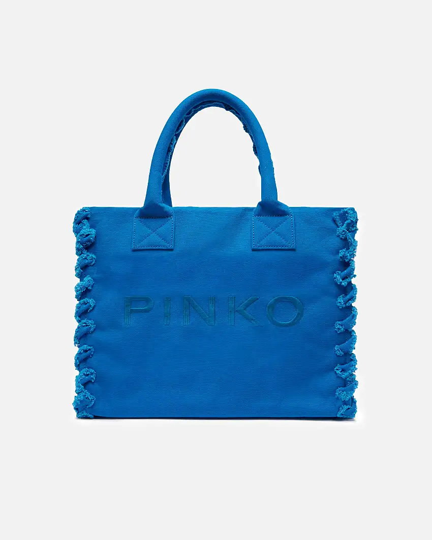 Beach Shopper blu China Pinko in canvas di cotone con scritta logo ricamata e profili intrecciati