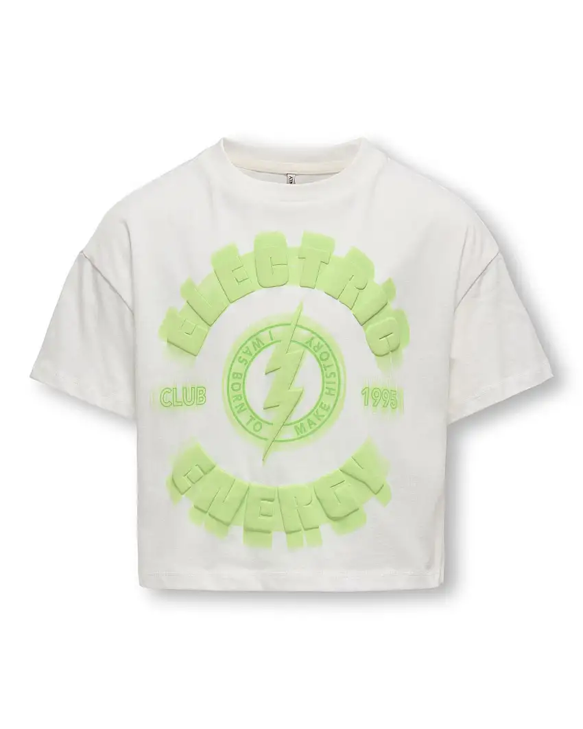 T-shirt Only bianca cropped con scritta Elecrtic Energy verde acido