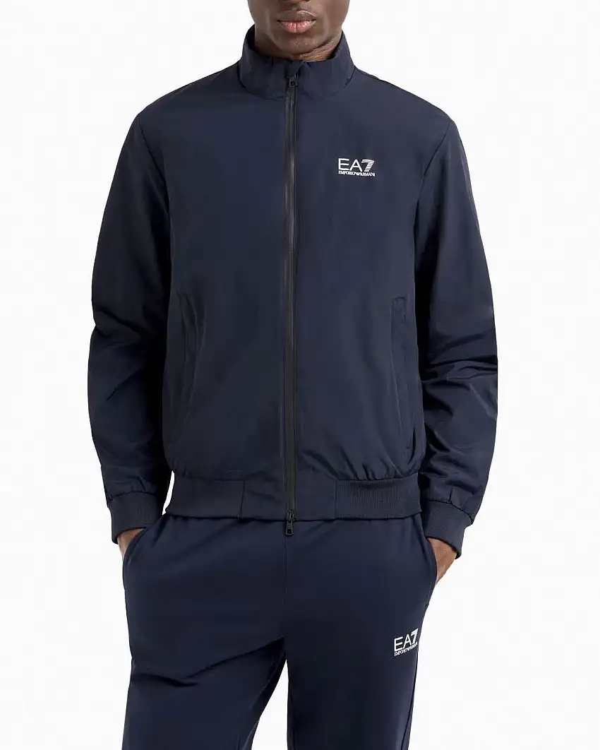 Bomber EA7 blu in nylon con cerniera in contrasto e logo stampato sul petto