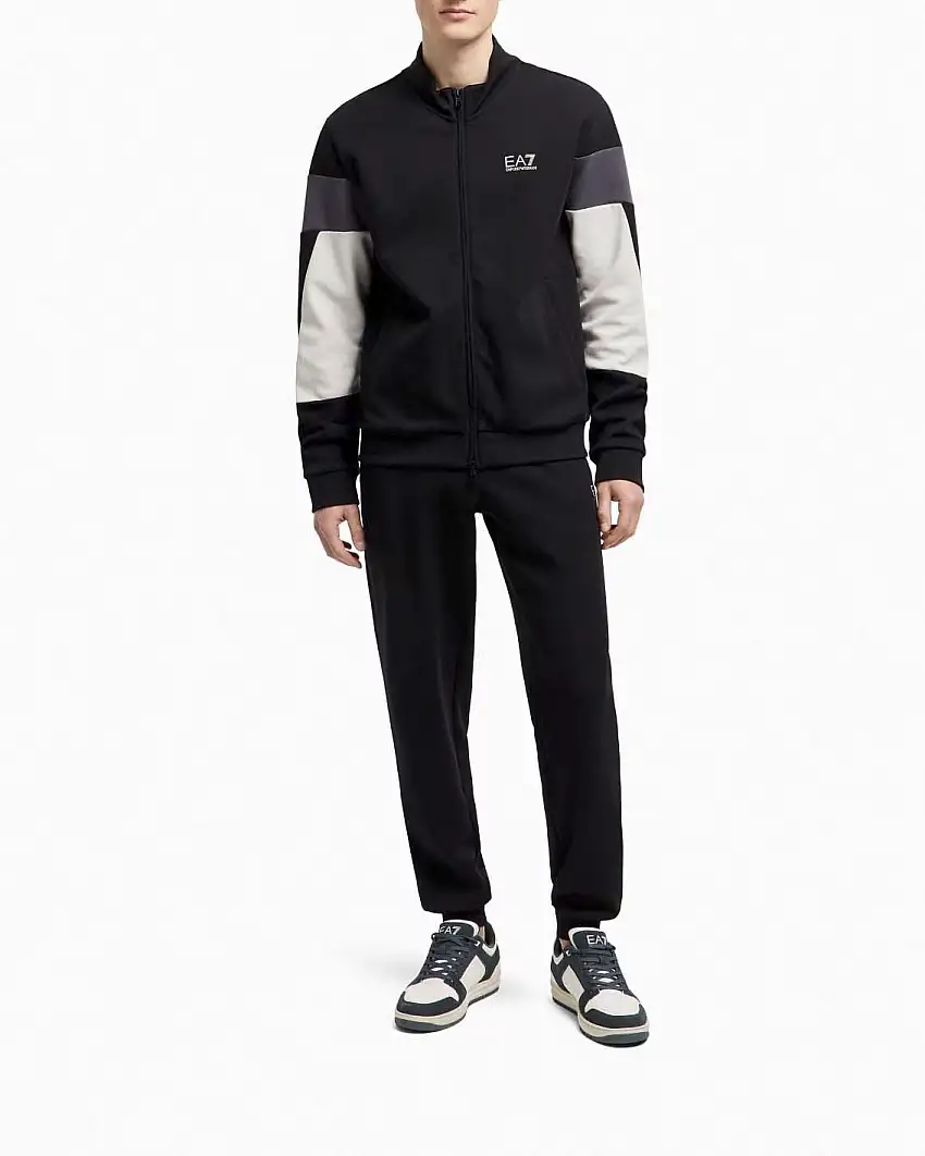 Felpa EA7 color block nera e grigia in cotone con chiusura zip