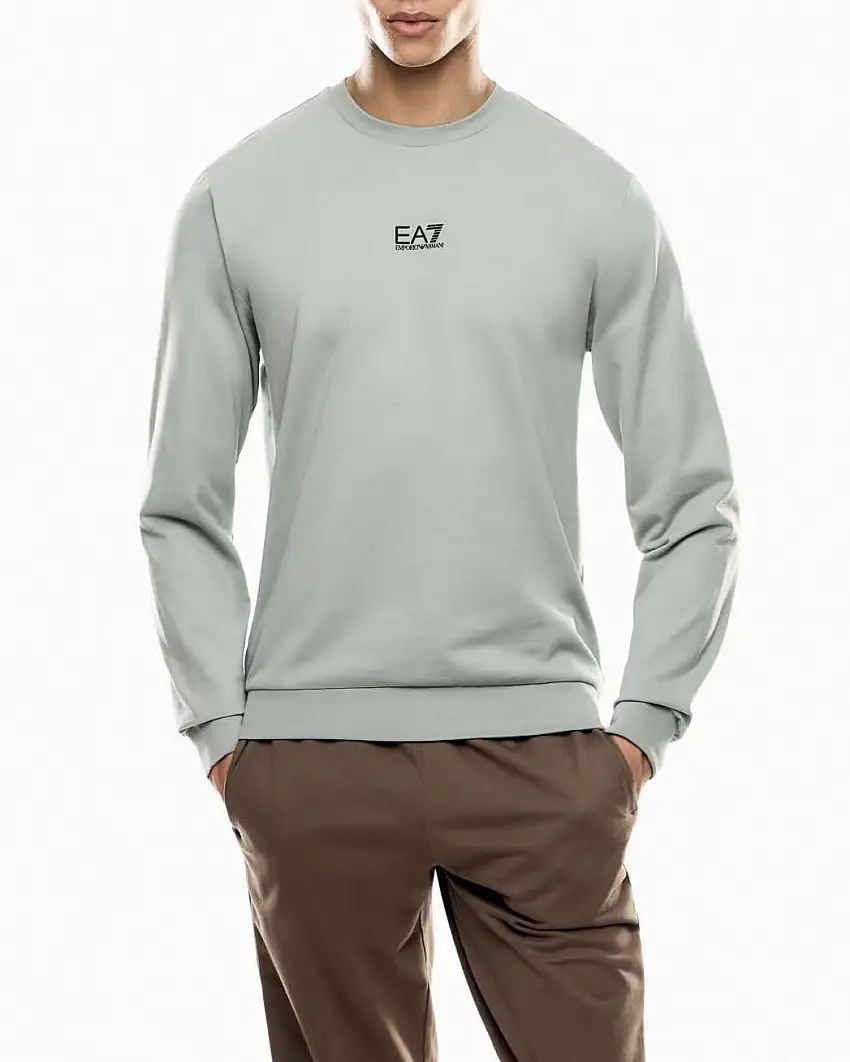 Felpa EA7 girocollo salvia in puro cotone con logo stampato sul petto