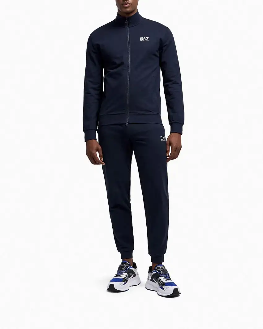 Tuta EA7 blu in felpa di puro cotone con logo piccolo stampato