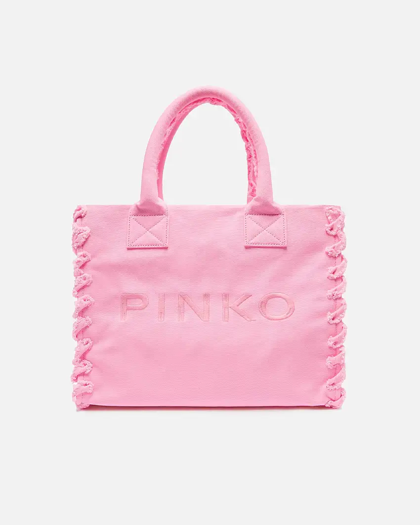 Beach Shopper rosa Pinko in canvas di cotone con scritta logo ricamata e profili intrecciati