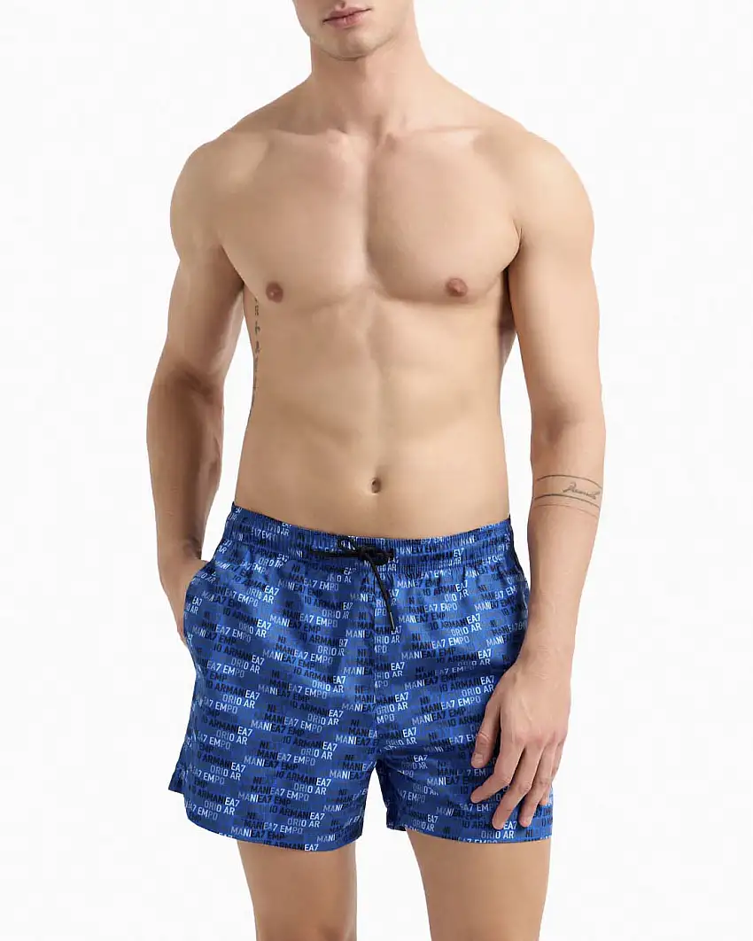 Boxer mare EA7 blu royal con logo scritta ripetuta stampato all over