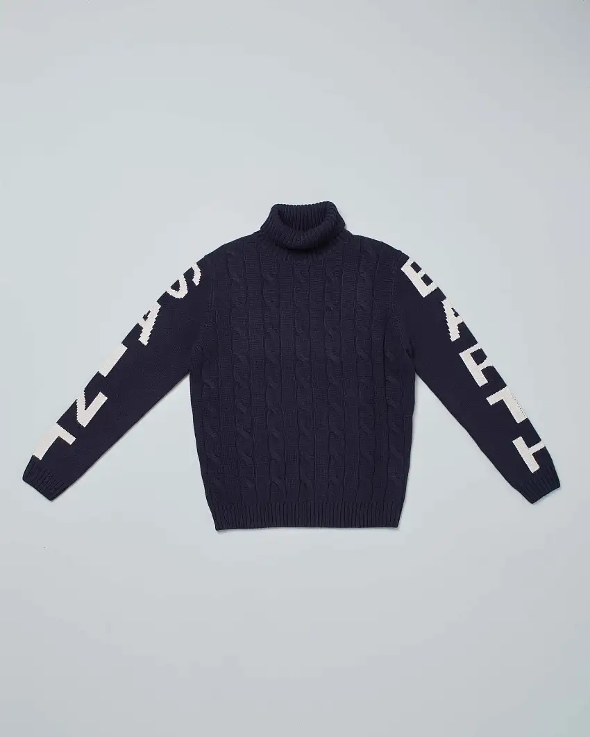 Dolcevita MC2 Saint Barth blu in misto lana e cashmere a trecce con maxi scritta logo sulle maniche