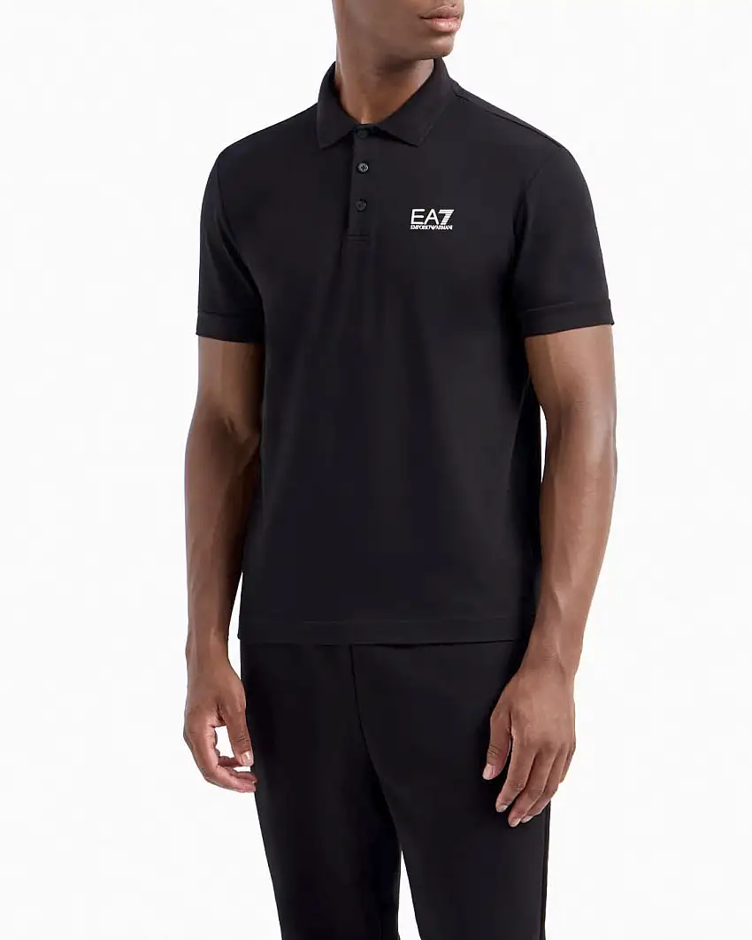 Polo EA7 nera in jersey di cotone stretch con logo EA7 sul petto