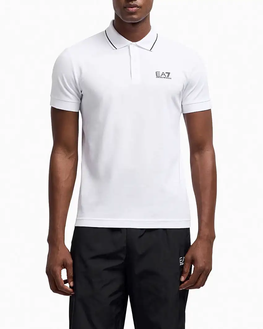 Polo EA7 bianca in piquet di cotone stretch con bordino in contrasto
