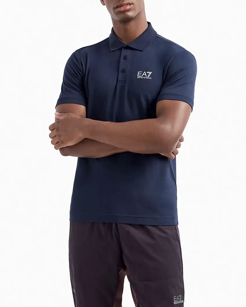 Polo EA7 blu in jersey di cotone stretch con logo EA7 sul petto