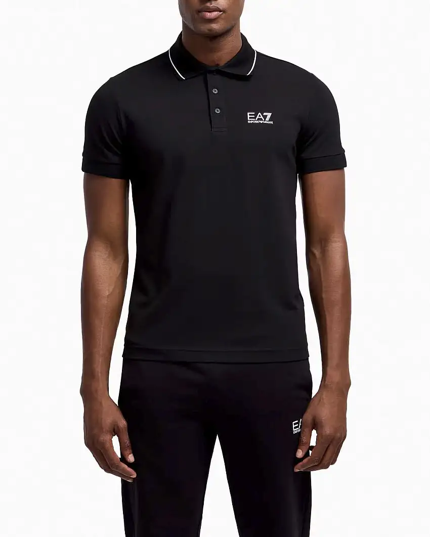 Polo EA7 nera in piquet di cotone stretch con bordino in contrasto
