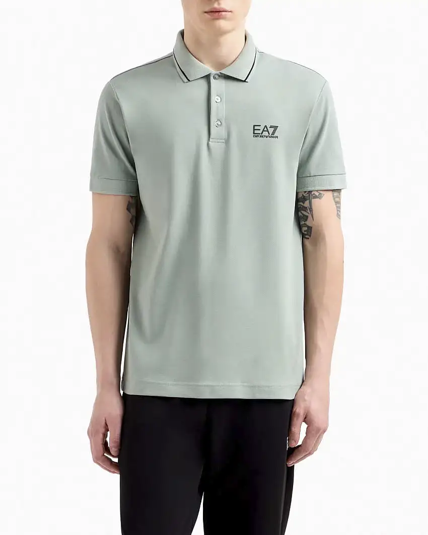 Polo EA7 verde salvia in piquet di cotone stretch con bordino in contrasto