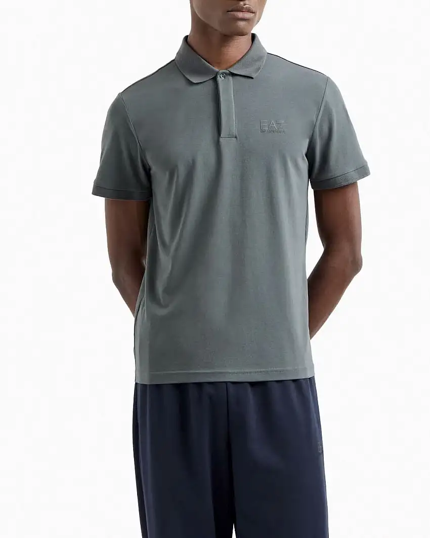 Polo EA7 militare in jersey di cotone stretch con logo in tono fronte e retro