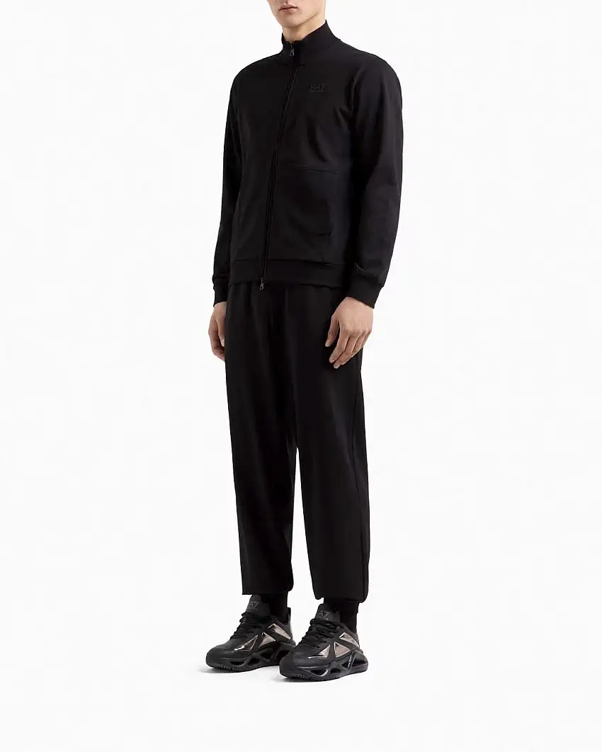Tuta EA7 nera in puro cotone con chiusura zip e logo gommato sul retro