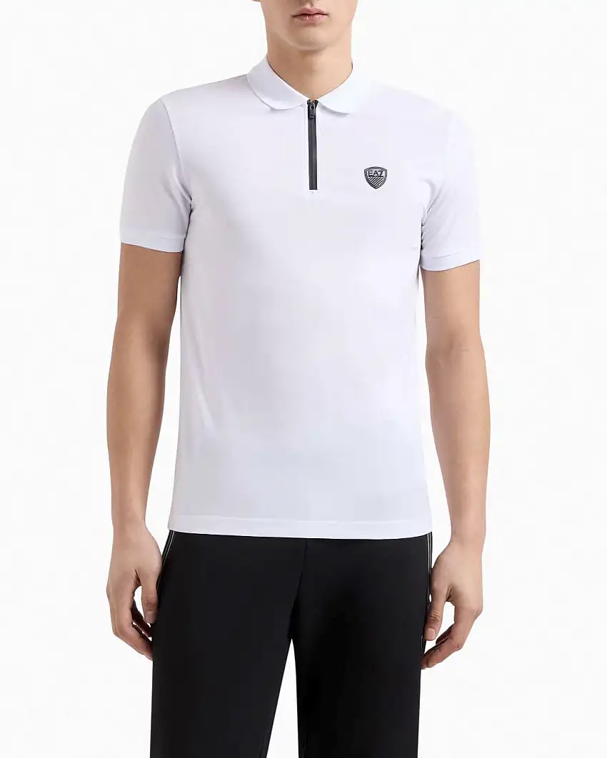 Polo EA7 bianca in viscosa stretch con chiusura zip e logo scudetto sul petto