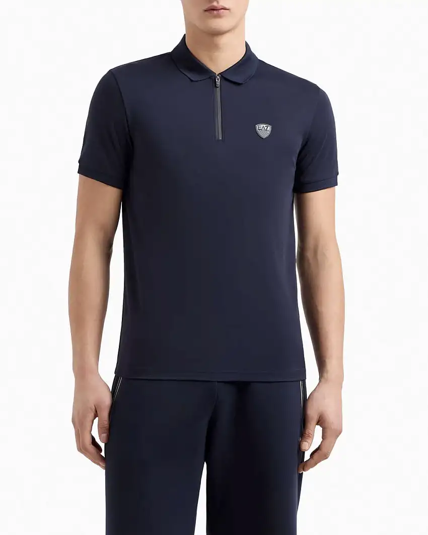 Polo EA7 blu in viscosa stretch con chiusura zip e logo scudetto sul petto