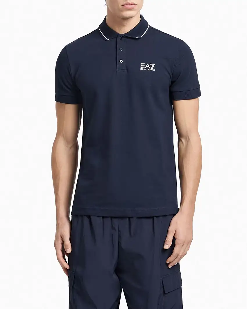 Polo EA7 blu in piquet di cotone stretch con bordino in contrasto