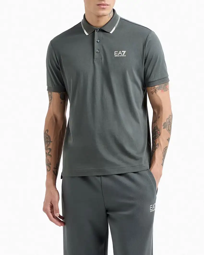 Polo EA7 verde militare in jersey di cotone con bordino bicolore sul colletto
