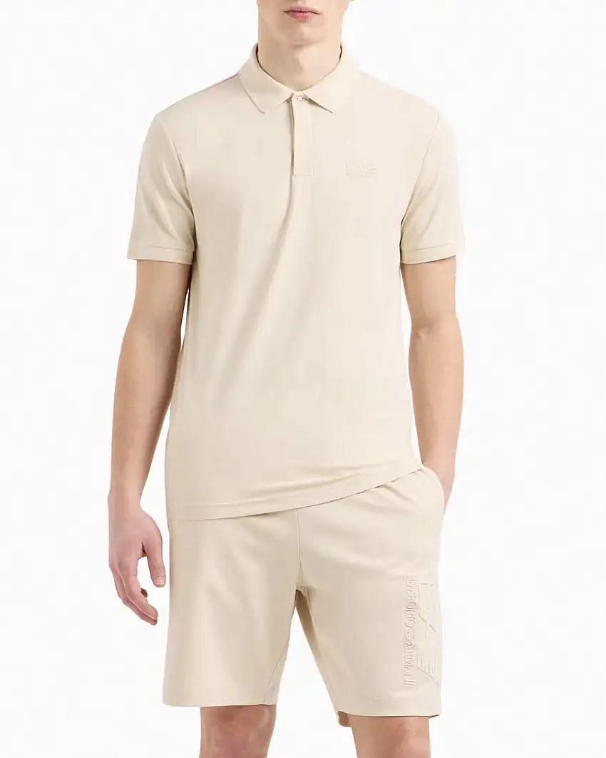 Polo EA7 beige in jersey di cotone stretch con logo in tono fronte e retro