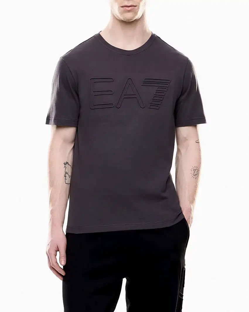 T-shirt EA7 antracite in puro cotone con maxi logo in rilievo e in tono sul petto