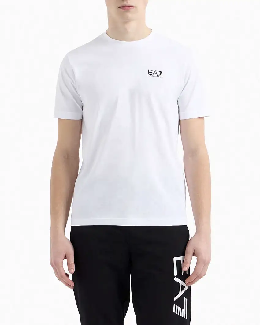 T-shirt EA7 bianca in puro cotone con maxi logo stampato verticale sul retro