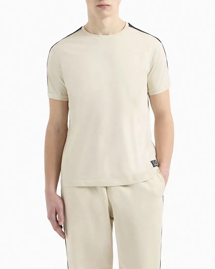 T-shirt EA7 beige in jersey di cotone con tape porta logo sulle spalle