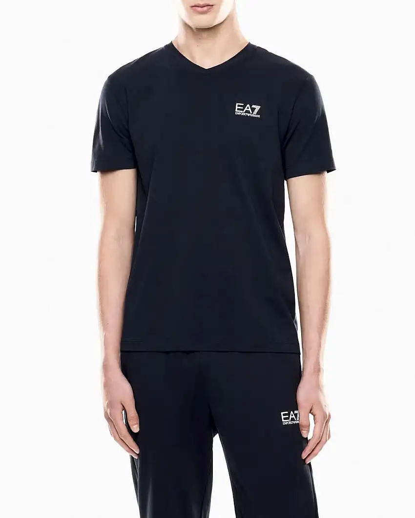 T-shirt EA7 blu in cotone stretch con scollo a V e logo bianco sul petto