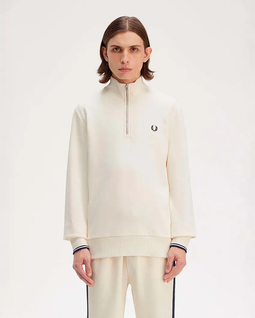 Felpa Fred Perry panna in cotone con apertura a mezza zip