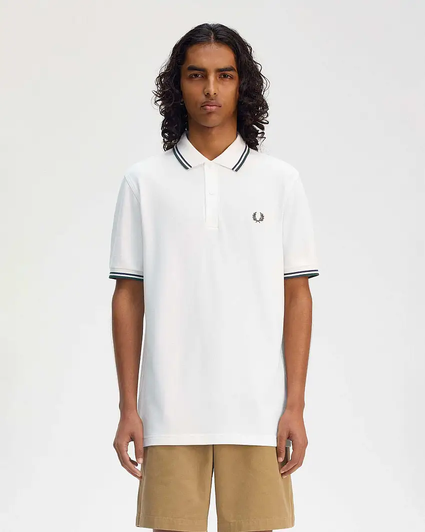Polo mezza manica Fred Perry bianca con bordino blu e verde militare