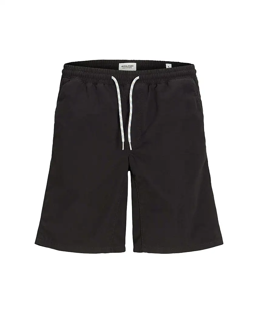 Bermuda Jaiden Jack & Jones nero regular-fit in tessuto fiammato di puro cotone con coulisse ed elastico inserito