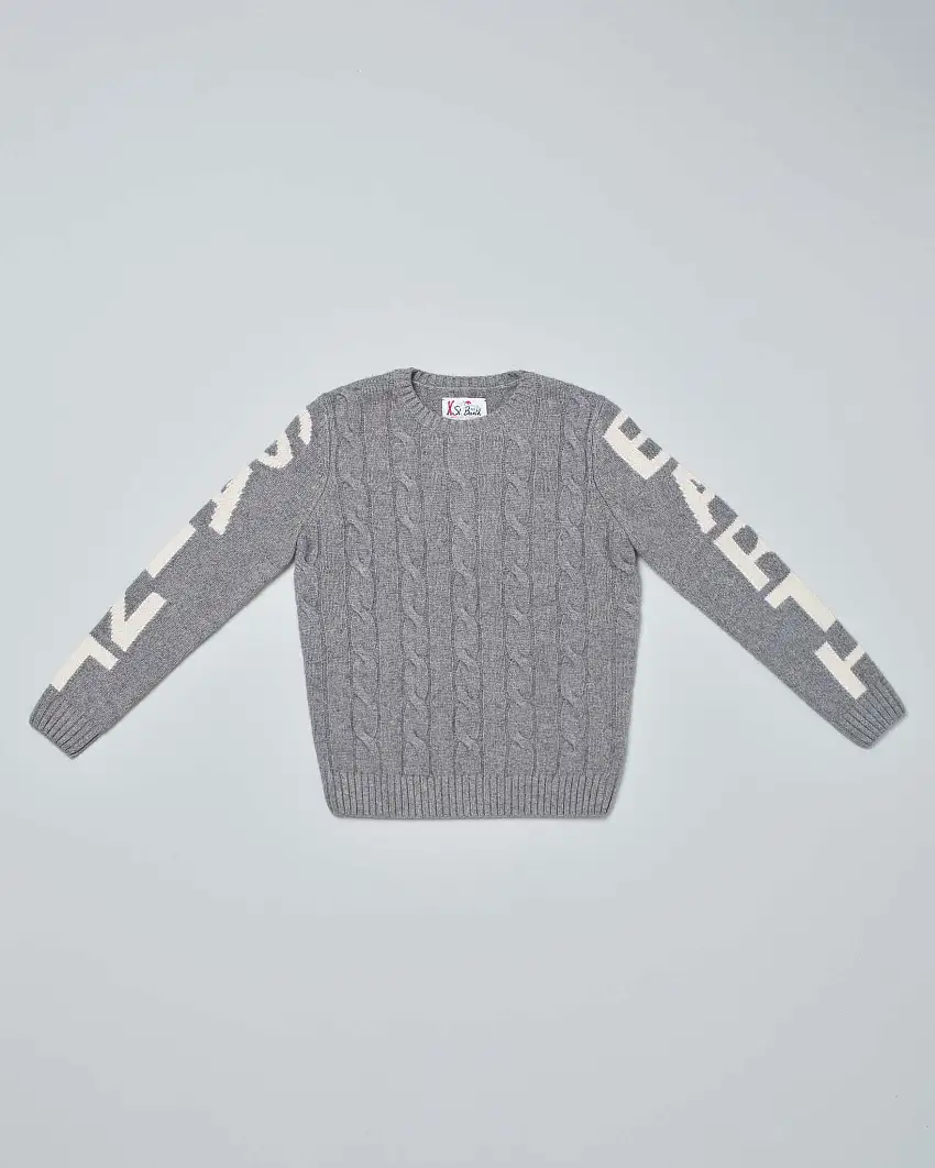 Maglia grigia MC2 Saint Barth in misto lana e cashmere a trecce con logo lungo le maniche