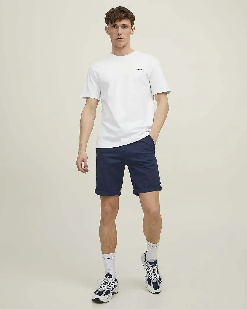 Bermuda chino Bowie Jack & Jones blu in gabardina di cotone stretch con risvolto