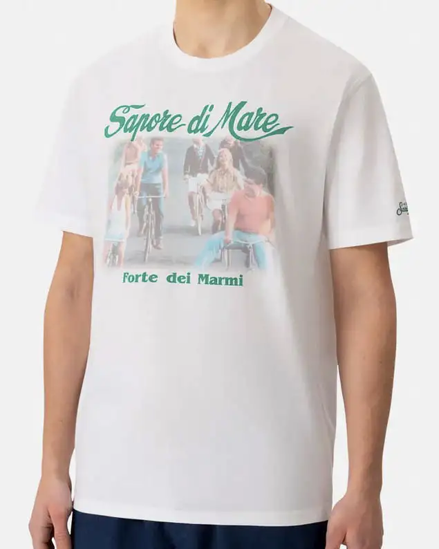 T-shirt MC2 Saint Barth bianca con stampa film Sapore di Mare sul petto