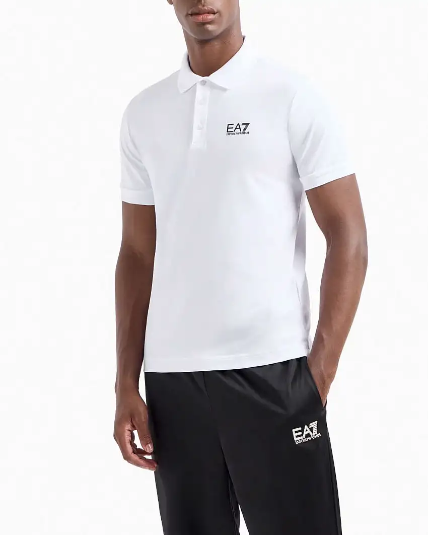 Polo EA7 bianca in jersey di cotone stretch con logo EA7 sul petto