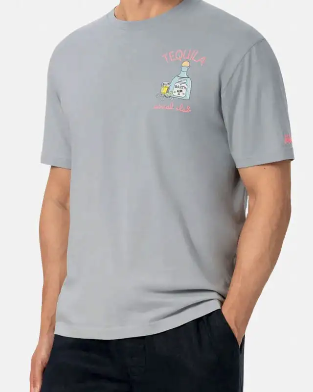 T-shirt MC2 Saint Barth grigia con ricamo Tequila Social Club sul petto