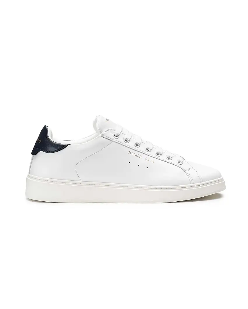 Sneakers Manuel Ritz bianche in pelle con tallone blu e logo scritta a lato