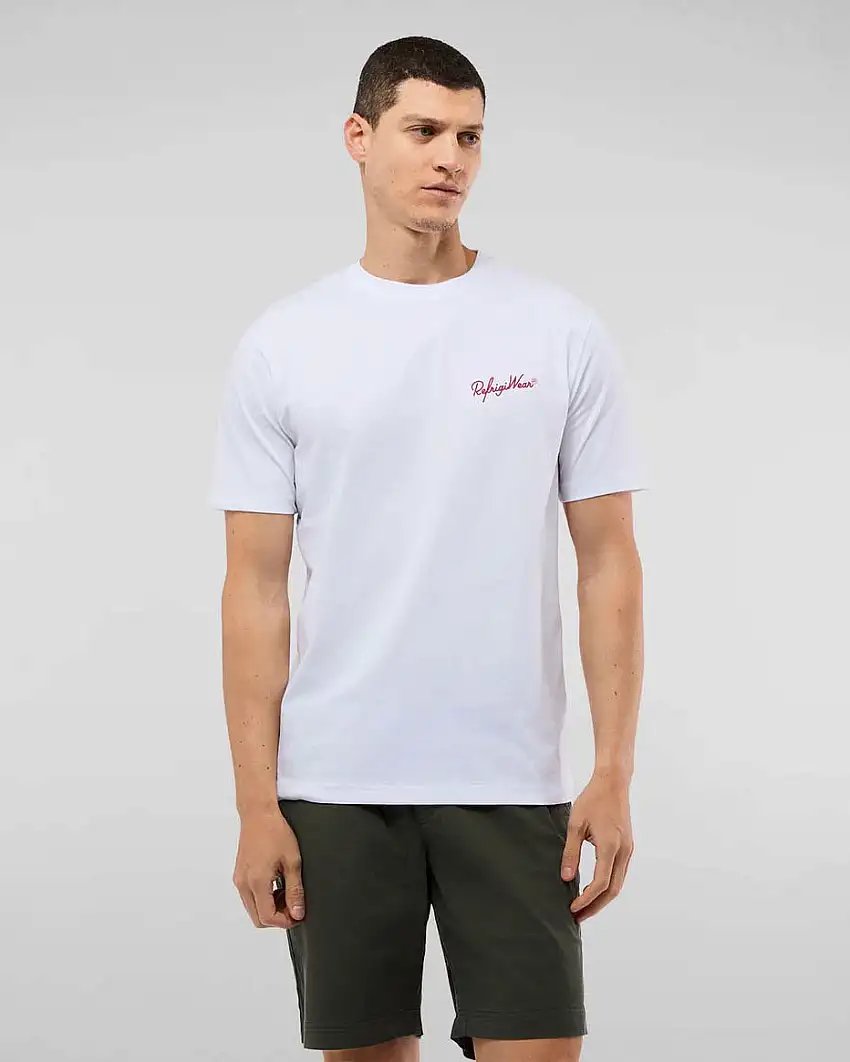 T-shirt mezza manica Refrigiwear bianca con logo scritta sul petto e maxi stampa sul retro