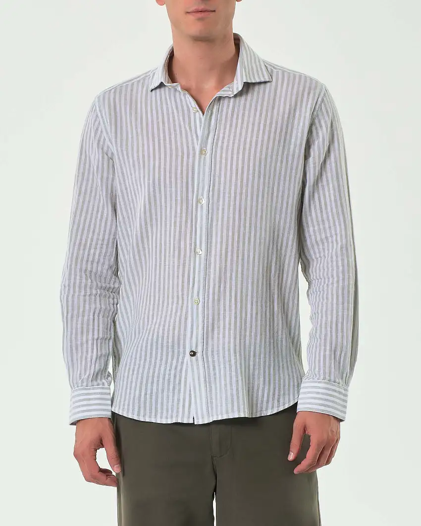 Camicia Alley Docks bastoncino bianco e verde militare in misto lino e cotone con colletto alla francese