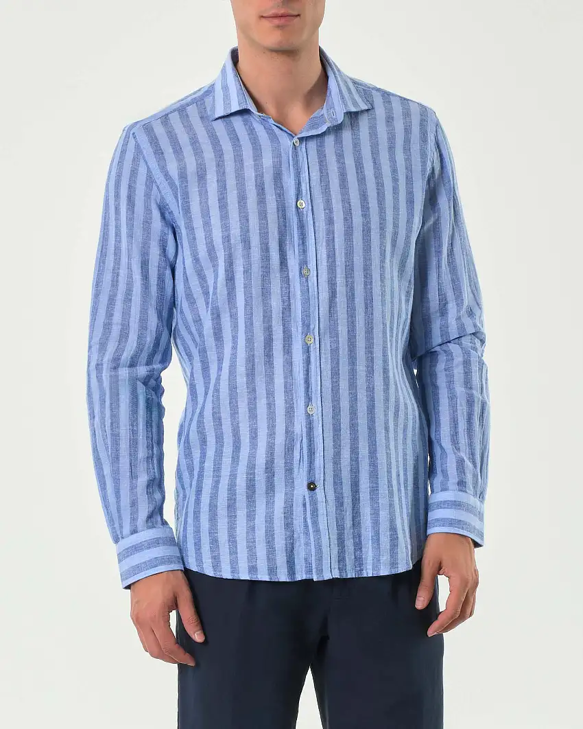 Camicia Alley Docks bastoncino azzurro e indaco in misto lino e cotone con colletto alla francese