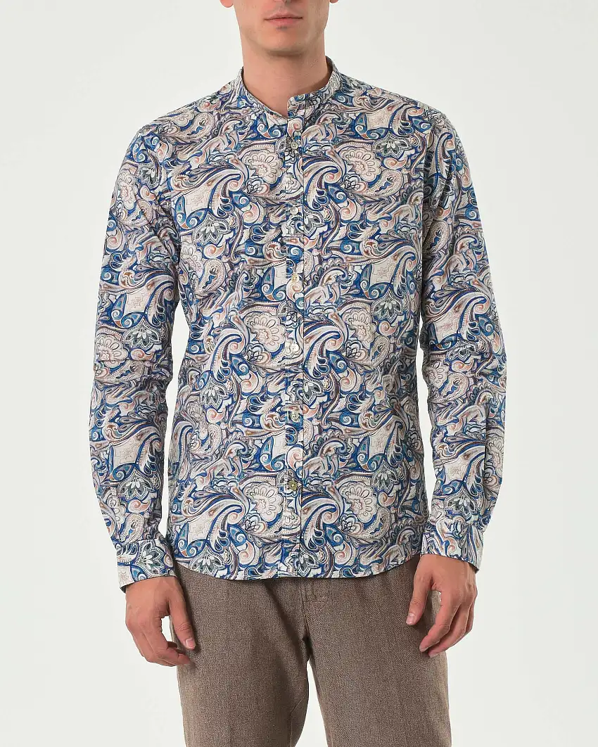 Camicia coreana Alley Docks in fantasia paisley beige e blu in mussola di cotone
