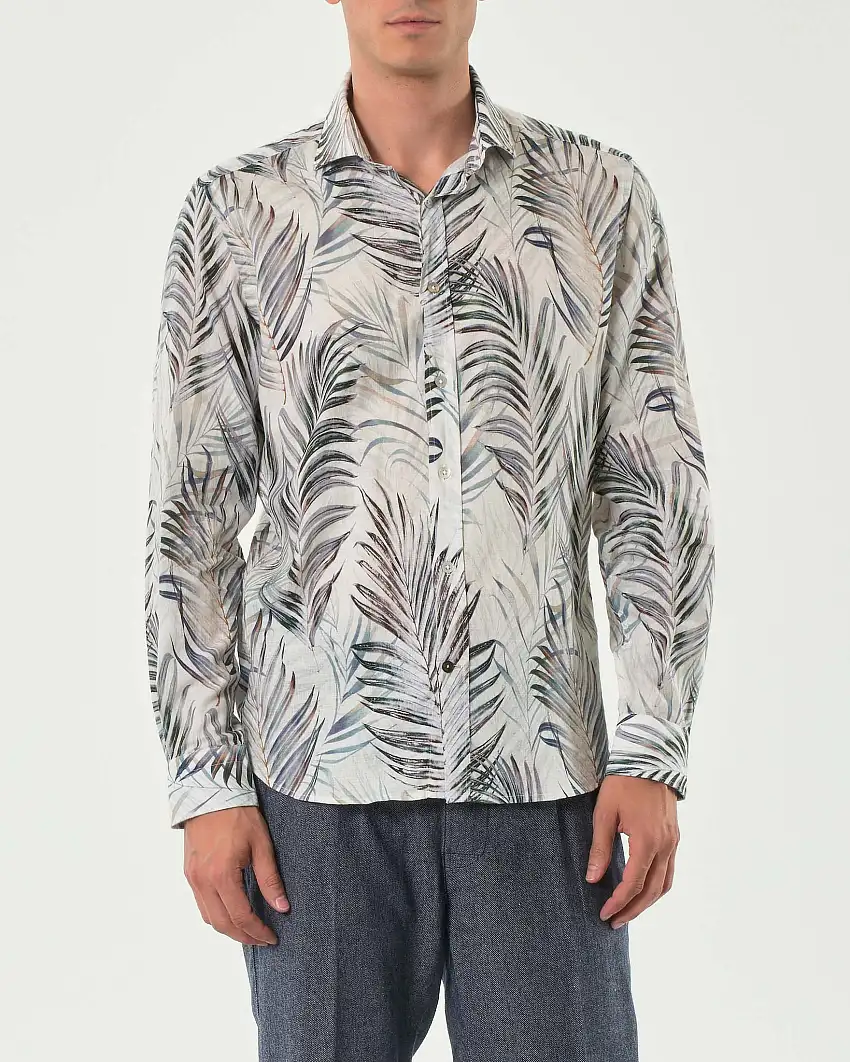 Camicia Alley Docks panna con fantasia felci in misto lino e cotone con colletto alla francese