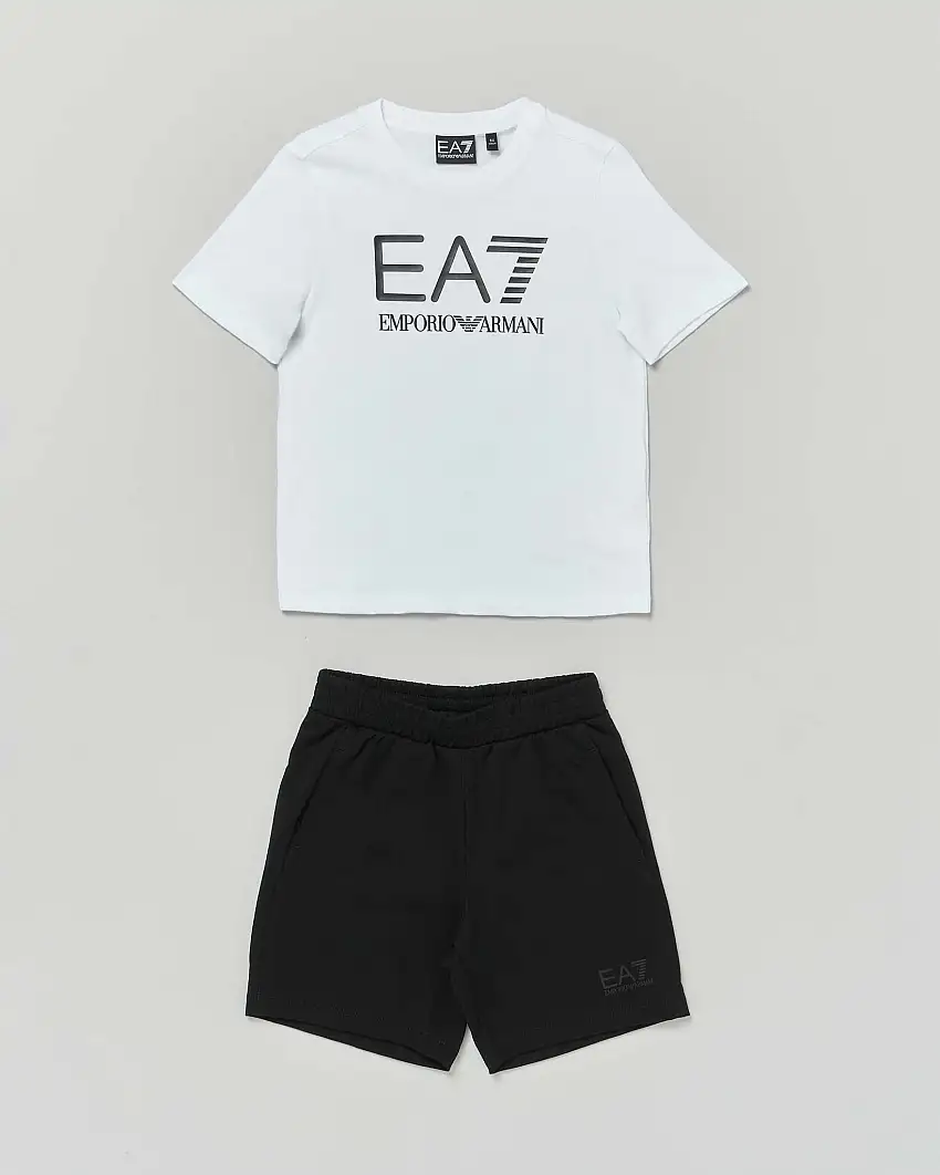 Completo EA7 t-shirt bianca e bermuda nero in felpa