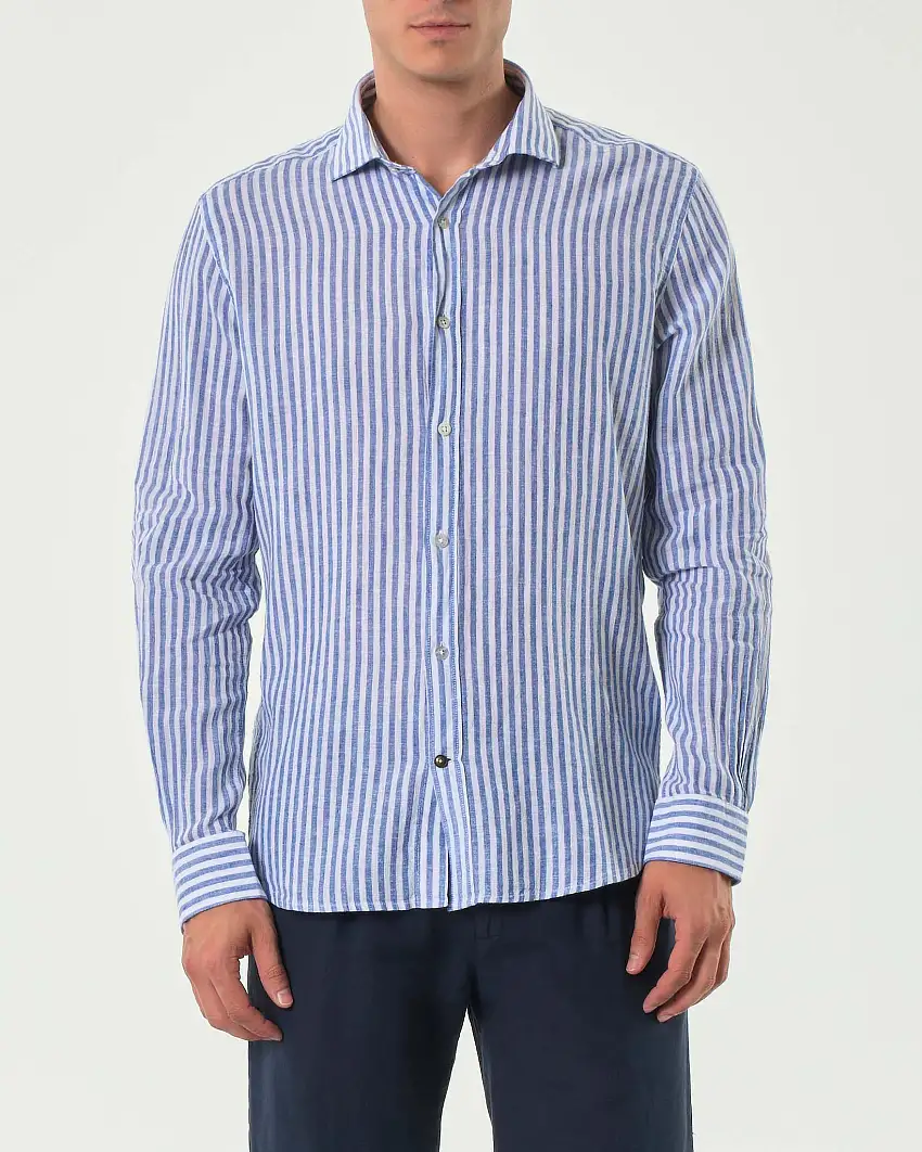 Camicia Alley Docks bastoncino bianco e blu in misto lino e cotone con colletto alla francese