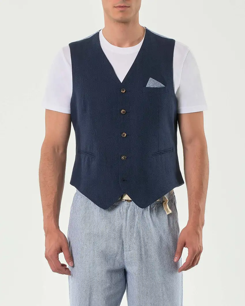 Gilet Alley Docks blu in fantasia spinata di misto lino e cotone