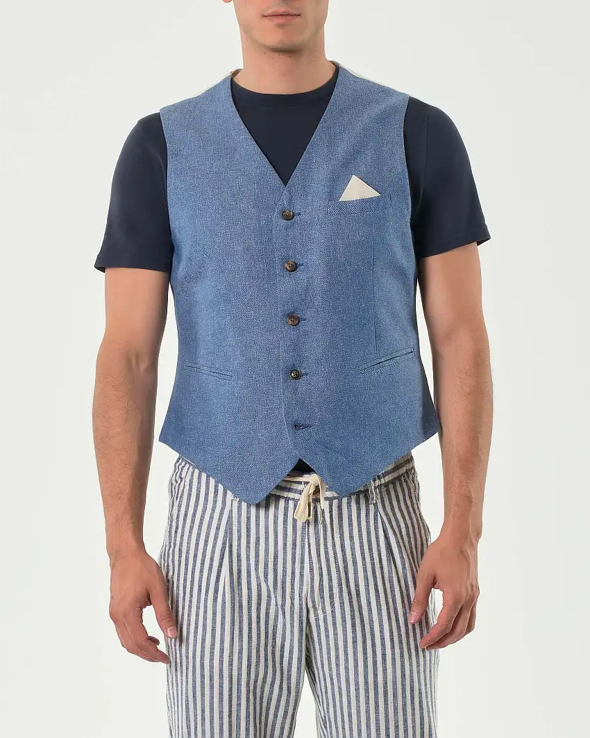 Gilet Alley Docks celeste in tessuto diagonale di misto lino e cotone