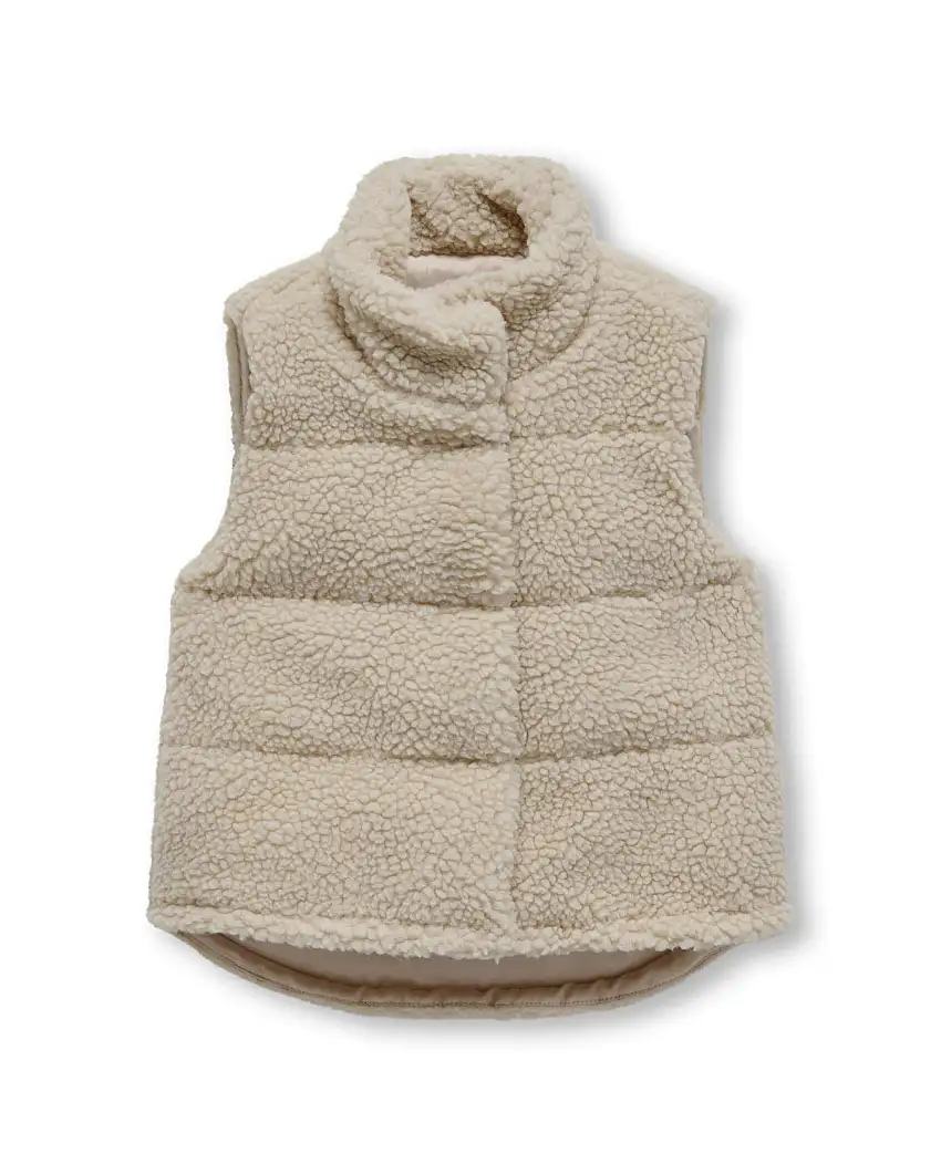 Gilet beige a collo alto in sherpa con trapuntatura orizzontale ed abbottonatura nascosta