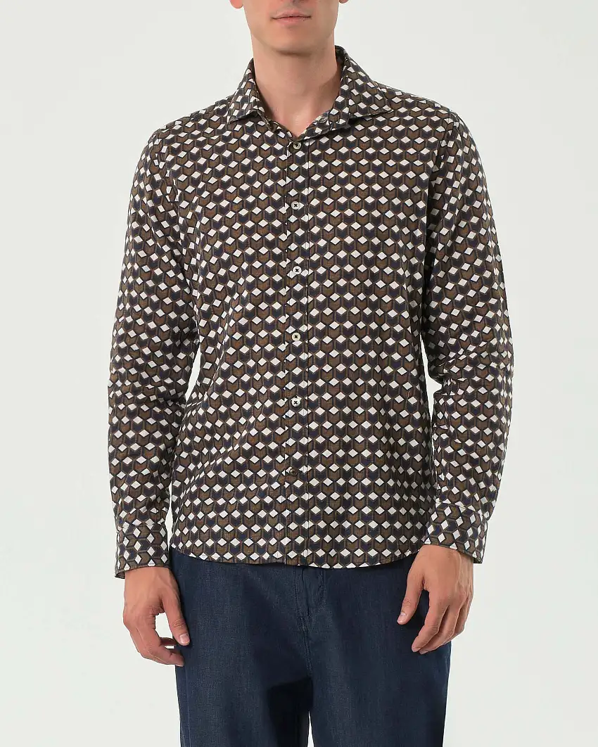 Camicia Alley Docks marrone con fantasia geometrica in misto lino e cotone con colletto alla francese