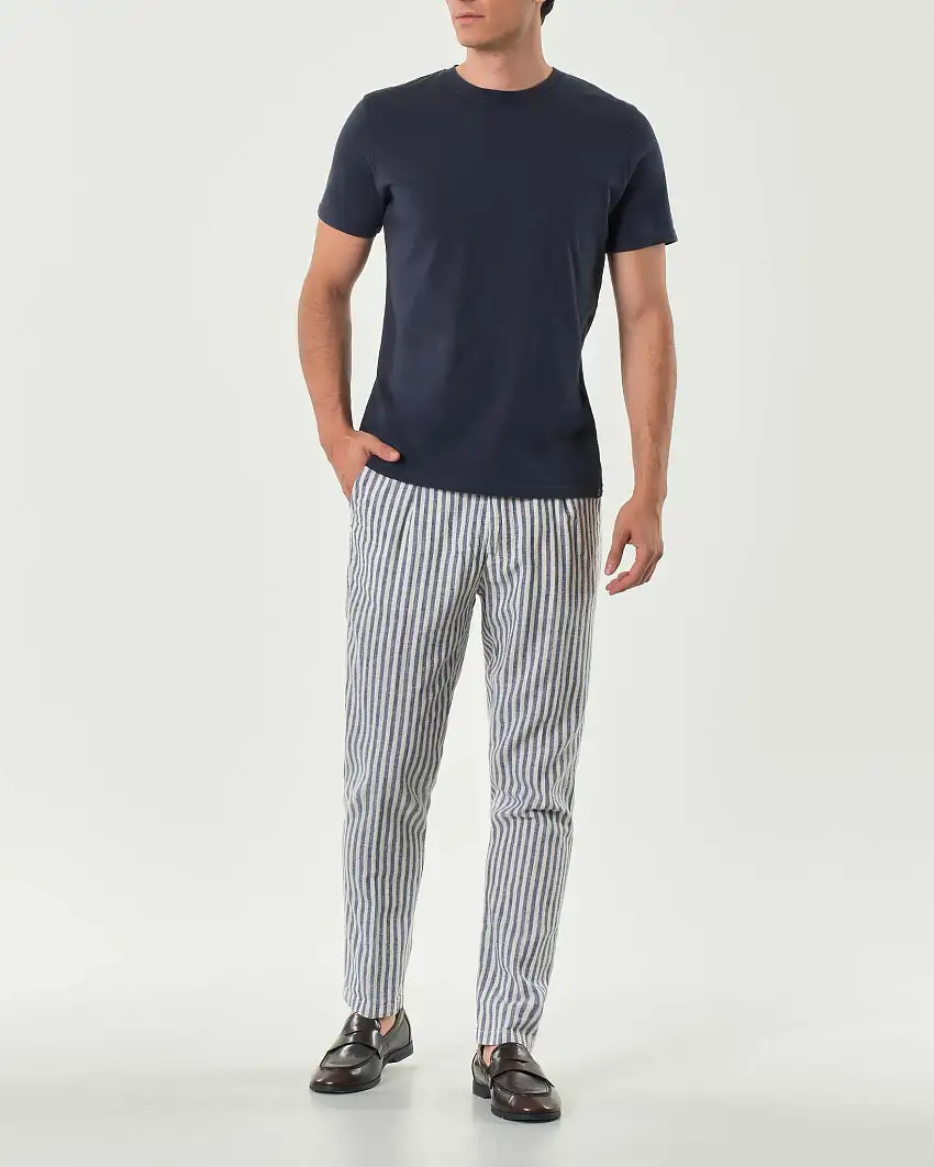 Pantalaccio Alley Docks in fantasia bastoncino panna e blu di misto lino e cotone