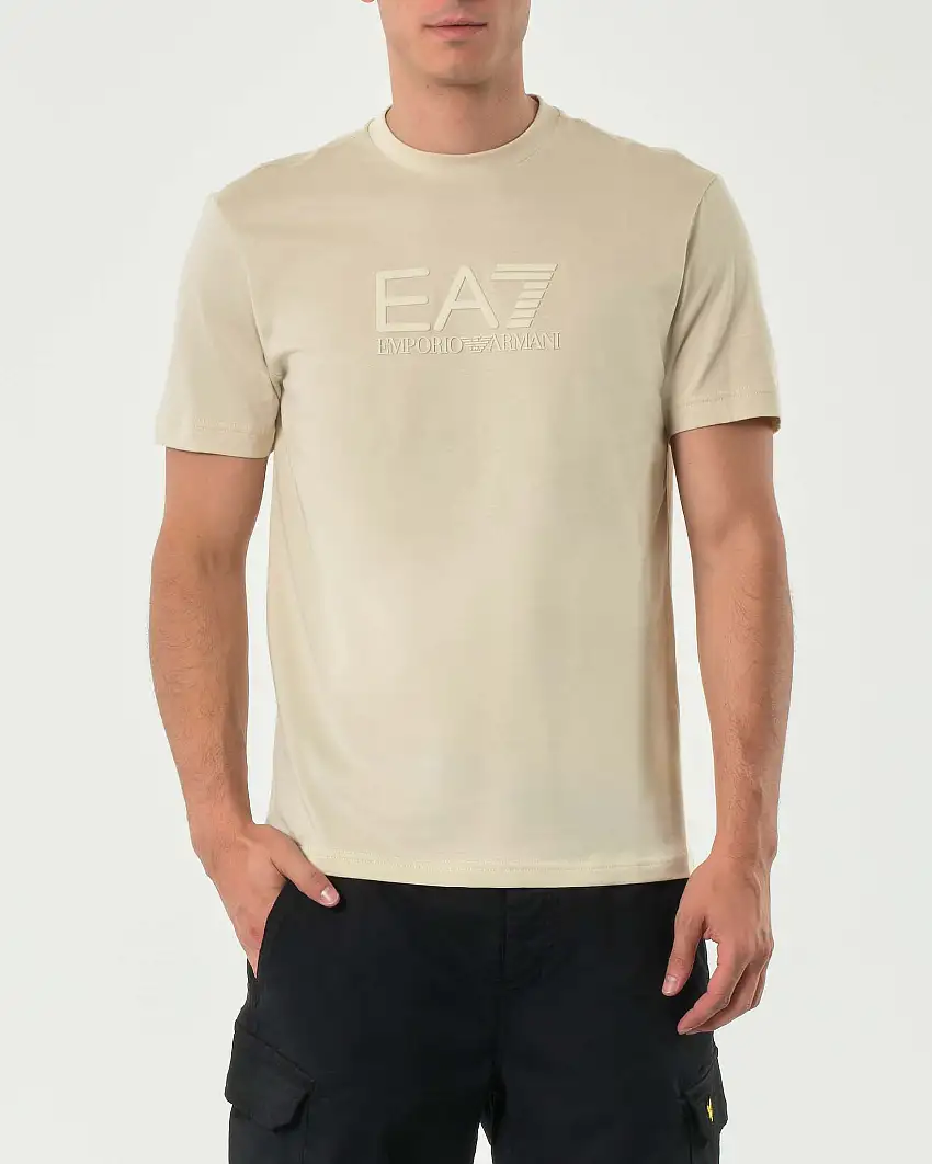 T-shirt EA7 beige in puro cotone con logo in rilievo e in tono sul petto